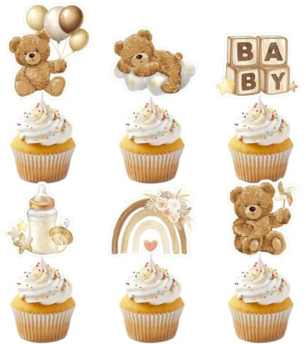 24 Björn Cupcake Toppers för Baby Shower, Tårtdekorationer, Gender Reveal, Födelsedagsfest för Pojkar och Flickor