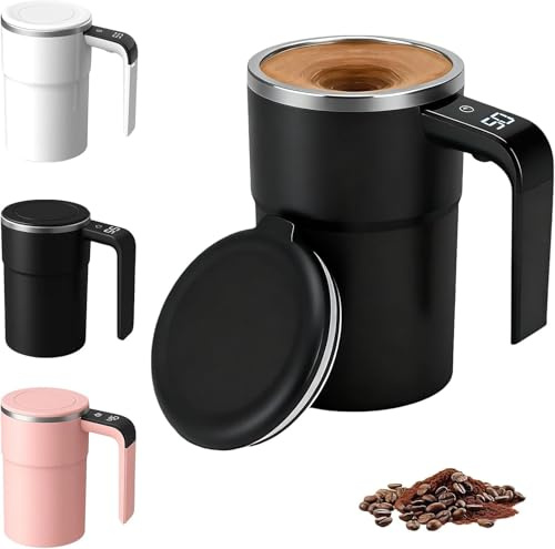 Genérico Taza de Café con Agitación Magnética Automática 2026 - Taza Mezcladora Recargable con Pantalla de Temperatura y Agitador Magnético, Portátil 380 ml para Café, Leche y Cacao (Negro)
