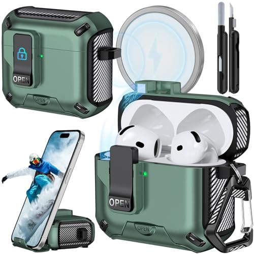 Joremx Custodia Magnetica Per AirPods 4 con Porta Telefono (Verde Mela) | Apertura Magnetica Automatica & Fissaggio Magnetico (per MagSafe), Carbon Fiber Texture Cover, Include una penna detergente