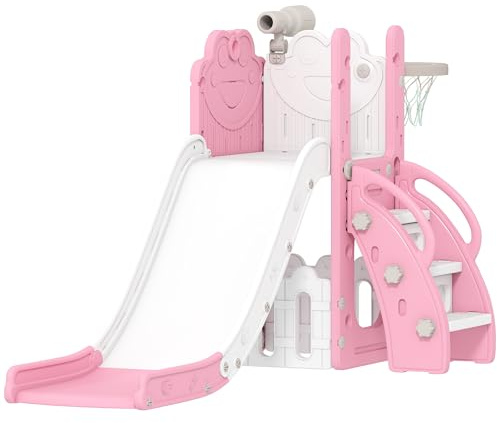 Tobogán Infantil AIYAPLAY, Conjunto de tobogán para niños pequeños 5 en 1 con Canasta de Baloncesto, Juego temático de Rana para Exterior e Interior con Estructura para trepar, telescopio y Caja de