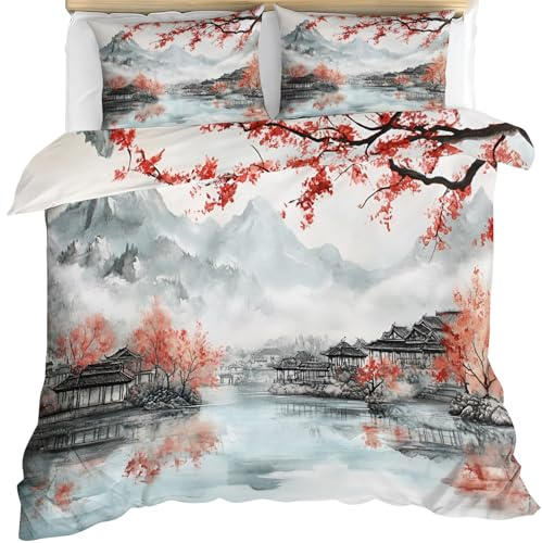 Red Maple Duvet Cover Set King Size, Ancient Town Bedding Set, Ink Red Maple Pavilion Comforter Cover - Ultra-Soft Duvet Cover 3Pcs with Zipper & 2 Pillow Shams (104X90)