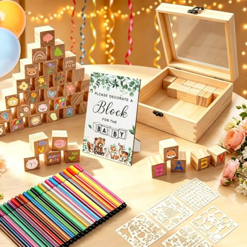 79 Stück Babyparty Spiele Set, DIY Bauklötze Bemalen Babyparty Deko