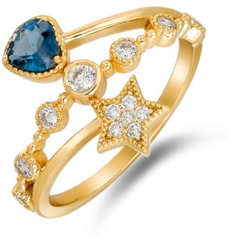 Solitärring 9K/14K/18K Gelbgold Echt Gold Schmuck mit Herz Blau Topas, Herz Stern Gold Au 375/585/750 Trauringe Moissanit Gr.47-65