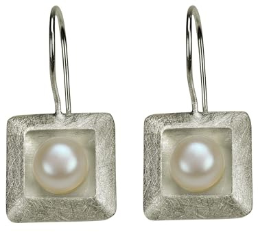 SILBERMOOS Ohrhänger Quadrat Viereck gebürstet mit Perle Sterling Silber 925 Ohrringe Ohrschmuck