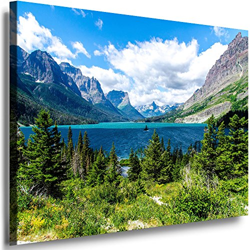 Julia-Art Leinwandbilder Landschaft Bild 100 x 70 x 2 cm - Wandbild 1 teilig - Wand Deko Modern Design Kunstdruck See Wolken Berge HR76-5