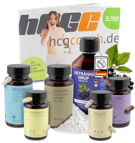 hCGC HCG Stoffwechselkur 21 Tage Basispaket – HCG Diät Set mit Omega 3, OPC, MSM, Vitaminen & Flohsamen Pulver – Stoffwechsel Beschleunigen Abnehmen – mit zuckerfreiem Johannisbeere-Sirup