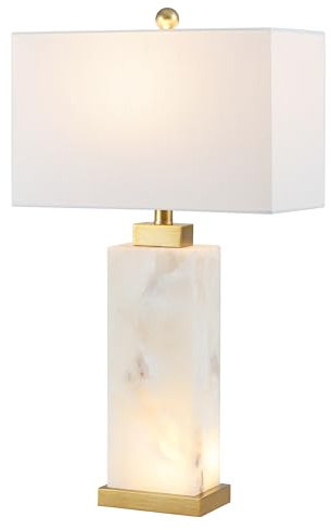 JONATHAN Y 27.5 White/Gold Modern Alabaster LED Table Lamp for Home Decor, White Linen Shade, Coastal Nightstand Lamp with Built-in Base Accent Light JYL6201A