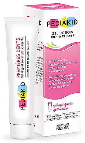 PEDIAKID - Gel de soin premières dents - Apaisant et protecteur naturel pour gencives - Gomme d'Acacia, Camomille, Calendula, Clou de Girofle - Goût Neutre - Dès la naissance - 15 ml