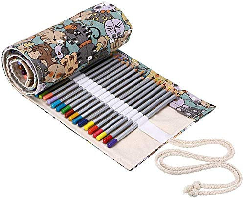 VIONNPPT Leinwand Farbige Bleistift Rolle Wrap Erwachsene Färbung Bleistift Halter Organizer für Farbige Bleistifte, KEINE Bleistifte (Cartoon-Katze, 72 Holes)
