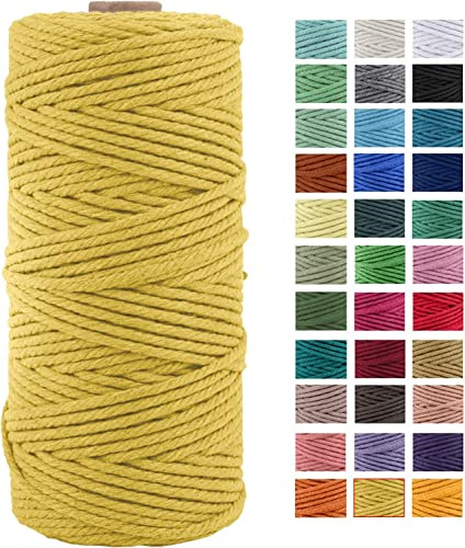 JeogYong Corda di Cotone Naturale Macrame, 4 Fili di Spesso Filato Corda di Macrame per Arazzi, Appendini per Piante, Artigianato Fai da Te, Decorazioni, Confezioni Regalo 3mm x 100m (Giallo)