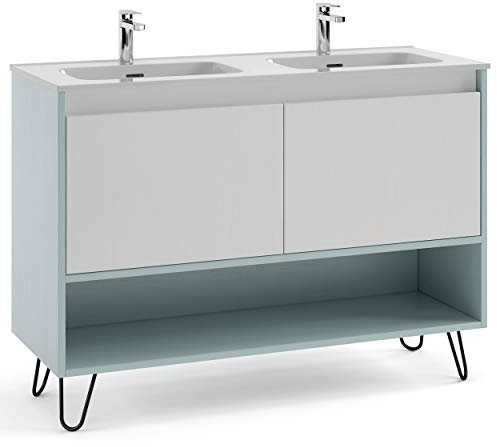 Kassia Mobile Bagno cm 120 + lavabo Doppio in Ceramica | Manhattan | L 120 X H 86,8 X P 45 cm Blu Acqua Bianco + Gambe Hairpin