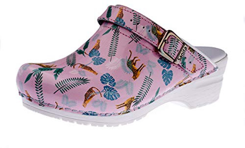 Sanita | Animal Leopard | Open Clog | Original Handmade for Women | Anatomically Shaped Footbed in Soft Foam | Heel Strap | Pink | 42
