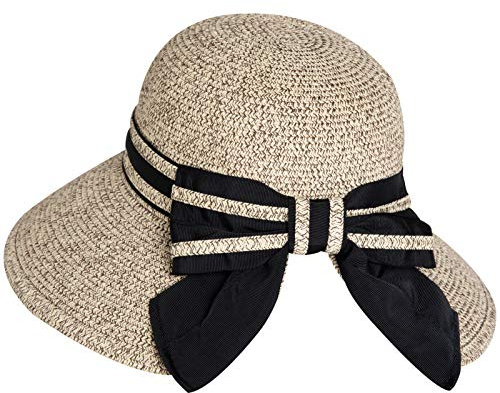 Comhats Damen-Sonnenhüte, LSF 50, breite Krempe, Stroh, Strand, Sommerhut für Damen, faltbar, Pferdeschwanz, Schleife, Kaffeegemixt, L
