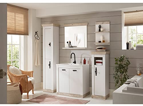Lomadox Badezimmer Kombi 5-TLG. in Pinie weiß Nb. mit Absetzungen in Pinie dunkel Nb., B/H/T: ca. 205/200/46 cm