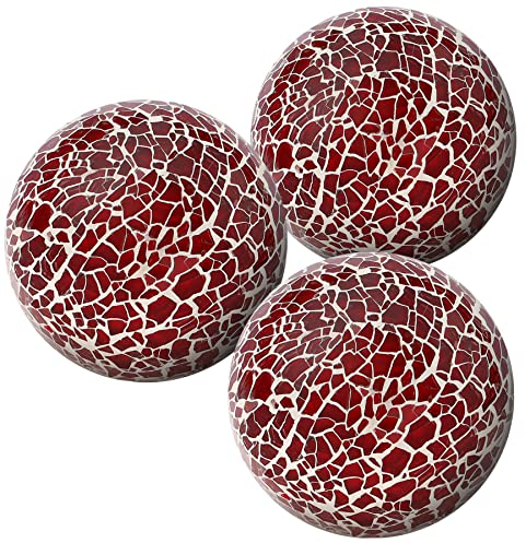 Kepfire 3Pcs Red Decorative Balls for Bowl,8cm Mosaic Glass Balls for Bowls Vase Fillers, Crack Orbs Balls for Christmas Decoration, Thanksgiving Home Table Decor