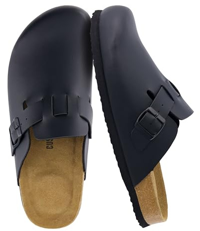 CUSHIONAIRE Hana Womens Clogs | Comfortable Vegan Suede Clogs for Women | Slip On Potato Shoes with Cork Footbed & Arch Support, Black 6.5W