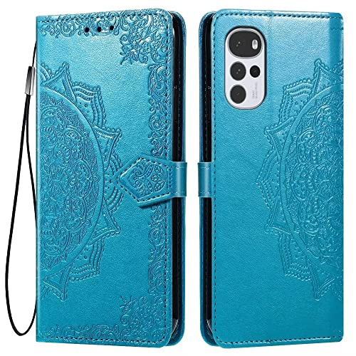 HONLEN Funda para Motorola Moto g22 Carcasa, (6.5 Inches) Premium PU Cuero Cartera Magnético Flip Case 3 Ranura Tarjeta, Soporte Case, Diseño de Mandala Azul