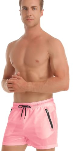 TMEOG Badbyxor för män, korta byxor sport baddräkt sportshorts simning surfing strand strumpor från Banho Homem med blixtlåsficka, Färg: rosa, XL