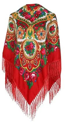 Sciarpa russa per donna - Scialle oversize tradizionale retrò ucraina - Stampa con nappe - Foulard quadrato (134,6 x 134,6 cm), 1, 135 x 135 cm