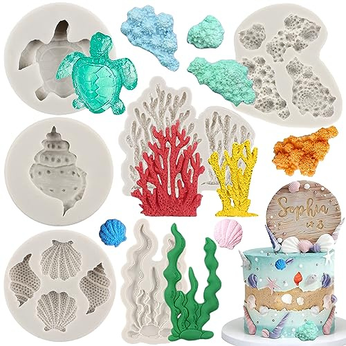 Sijiangmold Silikonformen für Fondant, Meeresalgen, Koralle, Meeresschildkröte, Muschel, Muschel, Süßigkeitenform, Kuchendekoration, Cupcake-Topper, Schokolade, Gummipaste, Polymerton, 6 Stück