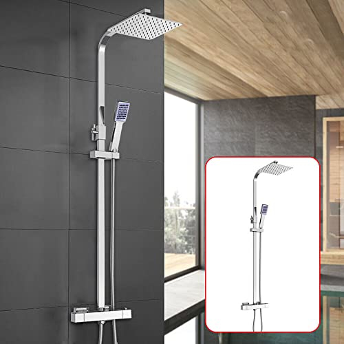 30/40CM Badezimmer Duschsystem mit Thermostat,Duscharmatur Duschbrause Set,Unterputz Dusche Regendusche,inkl.Übergroßer Kopfbrause Multifunktion Handbrause (30CM Weiß)
