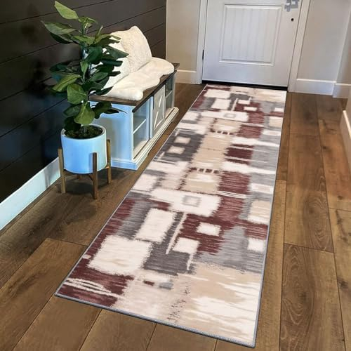 Siunwdiy Teppich Läufer Flur Küche rutschfest Waschbar Küchenläufer Lang Beige-Rot-Brauner Abstrakter Flurteppich Korridor Teppich Läufer Küchenteppich Meterware Anpassbar,Patchwork 7,90x420cm