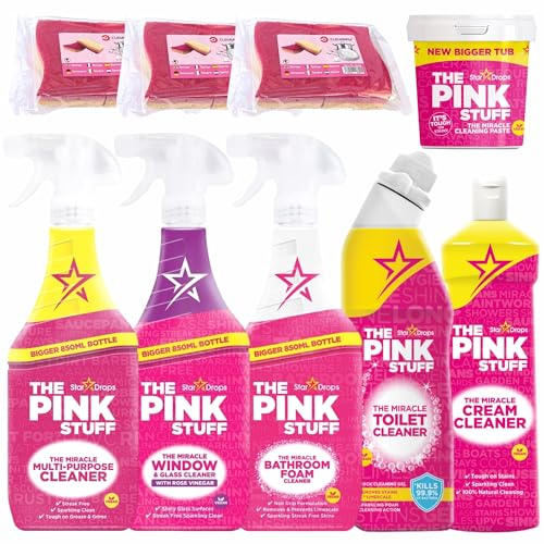 Pink Stuff Reinigungsmittel Set - Reinigungspaste 850g Mehrzweckspray Badezimmer-Schaumreiniger Glasreiniger 850ml Toilettenreiniger 750ml Cremereiniger 500ml Bundle mit 6x Cleverry Schwamm
