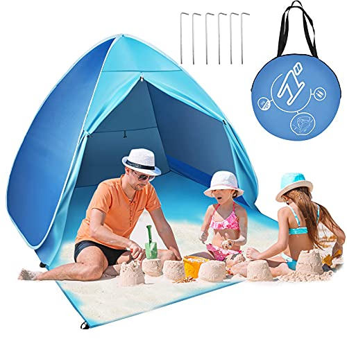 Strandmuschel Pop Up Strandzelt, Extra Light Pop Up Zelt für 2-3 Personen 50+ UV Schutz Tragbar Strandzelt Sonnenschutz Windschutz Strand Campingzelt für Camping, Wanderausflug (Blau)