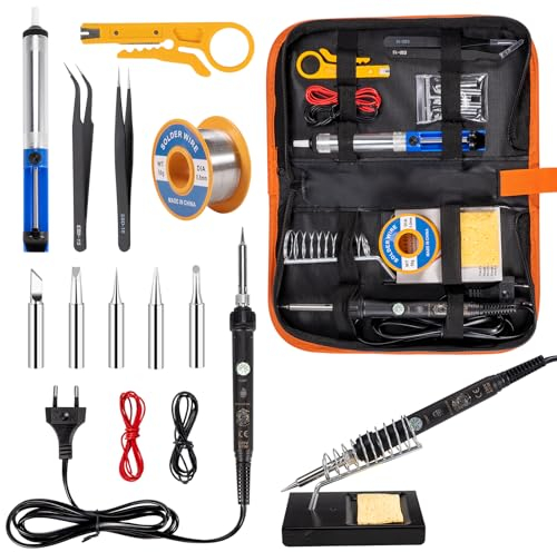 Lötkolben Set, 16 in 1 60W Soldering iron kit, 220-480°C Temperatur Einstellbar, Lötstation, 5 Lötspitzen, Lötdraht, Pinzetten und Entlötpumpe, Elektronik Lötset für Lötarbeiten Profi Hobbybastler