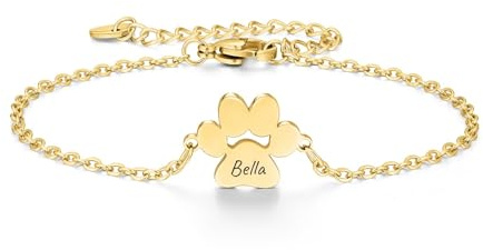 Y Z Personalised Dog Paw Shaped Charm Bracelet in Silver, Gold and Rose Gold. Customised 1, 2 or 3 Paws Engrave Name Handmade in the UK with Gift Box