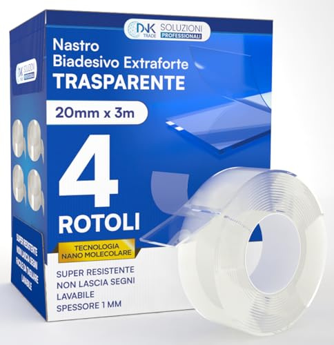 4 Rotoli Nastro Biadesivo Extra Forte Trasparente Lavabile da 3 Metri | DNK TRADE Tecnologia Nano Micro Molecolare - 12 Metri Totali