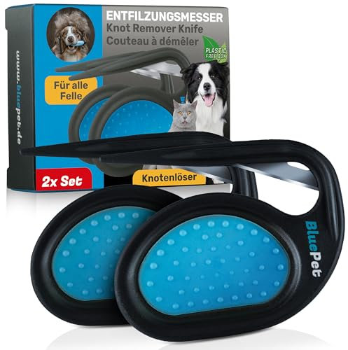 BluePet 2x Entfilzungskamm für Hunde & Entfilzungsmesser Katzen I Feste Knoten & verfilztes Fell entfernen I Entfilzer Pflegemesser für langhaarige Tiere I Knotenkamm, Knotenentferner & Filzkamm