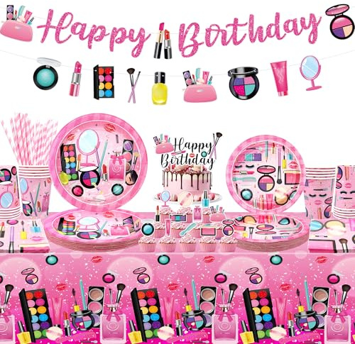 Spa Geburtstag Party Dekoration, Make-up Party Zubehör, Teller Tassen Servietten Tischdecke Alles Gute zum Geburtstag Banner Kuchen Toppers für Mädchen Frauen Slumber Pamper Spa