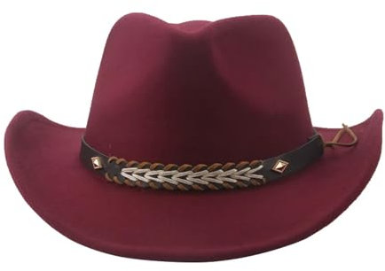 FULUJIDI Fedora Trilby Filzhut Hut Cowboy Hut Mann Für Frauen Großer Krempe Solid Panama Western Cowboy Männer Mützen Cowgirls Hut Männer Gürtel 56-58Cm (Erwachsene) Gewinert