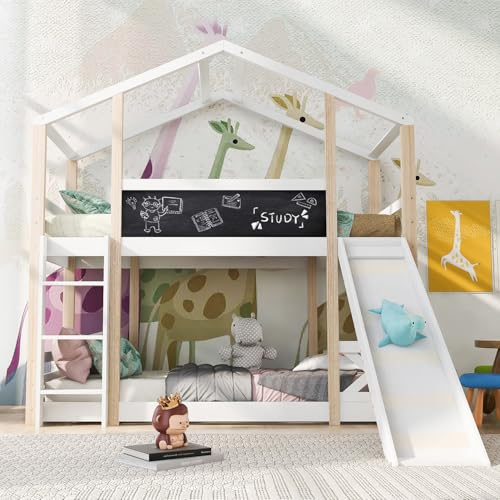 Qiang Cama Infantil Casita En El árbol con Tobogán,Escalera Y Bloc De Escritura 90X200Cm,Cama Alta para Niños,2X Somieres,Natural Y Blanco,para Niños Y Jóvenes