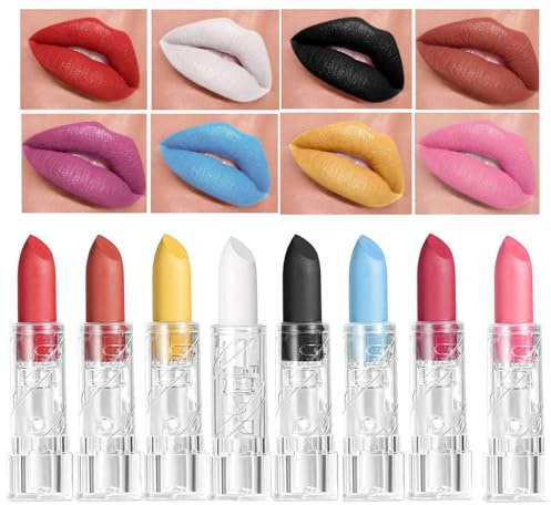 GL-Turelifes 8-teilige Halloween Lippenstift Set Matt Lippenstift Kit Haltbare Rot Lila Weiß Blau Gelb Rosa Schwarz Samt für Maskerade, SFX, Kostüm, Cosplay, Halloween Make-up
