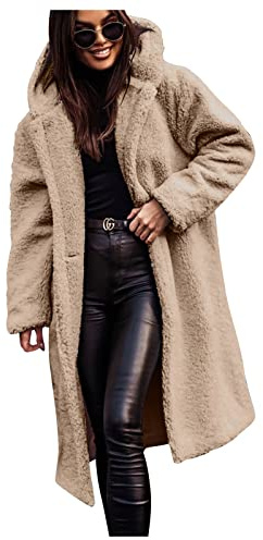 Ansenesna Teddyjacke Damen Lang Mit Kapuze Winterjacke Damen Teddyfleece Warm Gefüttert Lange Wintermantel Frauen Elegant Flauschig Teddy Fleecejacke Winter Teddyfutter Plüsch Damen-Jacken