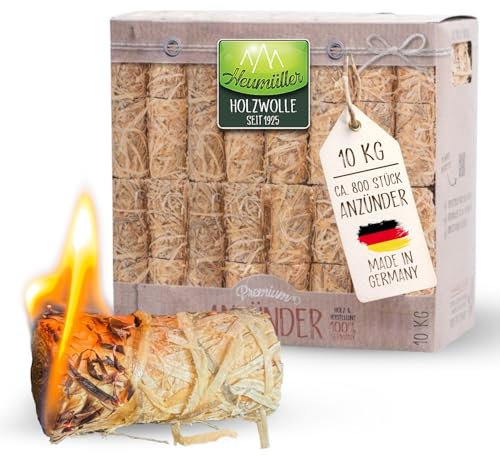 Heumüller Holzwolle 10 kg (ca. 800 Stück) Holzwolle-Anzünder Kaminanzünder | Öko-Anzünder aus Holzwolle & Wachs | Lange Brenndauer & geruchsneutral | Ideal für Kamin, Grill & Feuerstellen