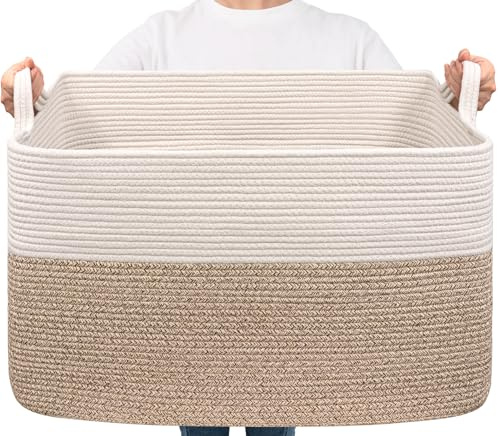 TIMEYARD Panier à linge rectangulaire - 85 l - Panier de rangement pour jouets de bébé - Panier de rangement pour couvertures, coussins, serviettes d'invités - Blanc et marron