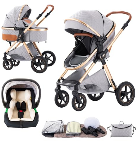 BEBBY 3 in 1 Pushchair Pram Travel System,Newborn Infant Buggy Aluminum Frame,High Aluminium Frame Landscape Combined Strollers，Lightweight Infant Stroller for 0-36 Months
