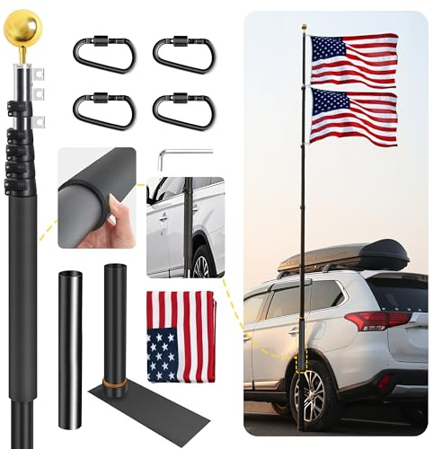 20FT Tailgate Flag Pole with Tire Mount, Fits RV Pickup SUV Sedan, Portable RV Flag Pole with 20 High-Density Foam Protective Tube, Thickened Aluminum Flag Pole with an Flag, 60 MPH, Dual Flag Mount