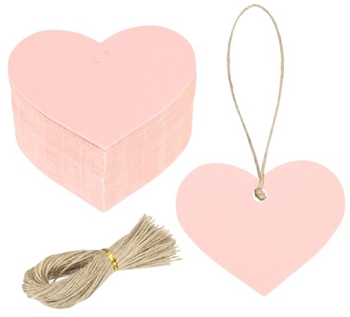 sourcing map 100Pcs Kraft Paper Gift Tags with String, 2.2 x 2.6 Inch Blank Hanging Labels Heart Shape Paper Labels Glittery Pink Gift Tags for Price Tags, Christmas, DIY Crafts