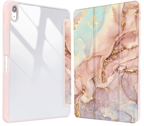 Vozehui Funda de mármol rosa de 10.9 pulgadas para iPad de 10ª generación 2022, funda rosa con carcasa trasera transparente con soporte para lápices, funda protectora con soporte de triple pliegue y