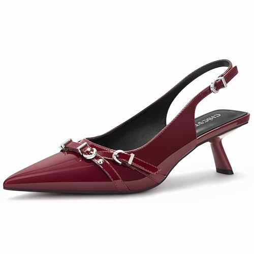 ChicSteps Slingback Heels with Buckle Kitten Heels for Women Low Heel Pointed Toe Pumps,MOST-88