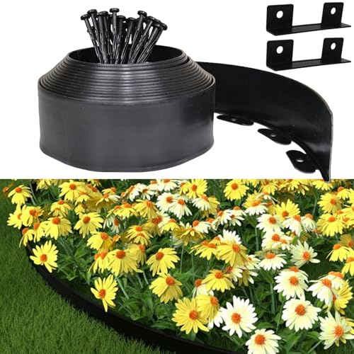 Borde de césped de plástico Flexible, Borde de césped de plástico de 10cmx20m, incluidos 60 Puntos de Anclaje y 2 Conectores, con un par de Guantes, Valla Decorativa para jardín (Ferroso, 10cmx20m)