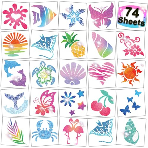 CHARLENT 74 Bögen Glitzer Hawaii Temporäre Tattoos, Sommer Motive | Funkelnde Sommer Tattoos für Kinder und Frauen, ideal für Hawaii Partys, Strandfeste, Geburtstage und Geschenke