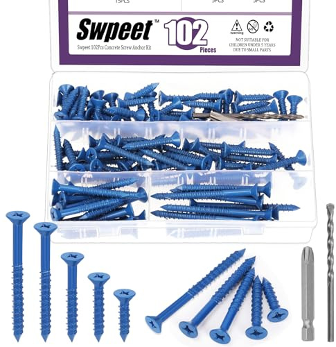 Swpeet 102Pcs 5 Sizes 1/4 Flat Head Concrete Screw Anchors with Screwdriver Bit and Drill Bit Assortment Kit, Concrete Screws Self Tapping Cement Screws for Anchoring to Masonry Block Brick Stucco