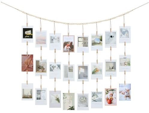 KLOGTSIND Hanging Photo Display with Clips Wall Decor, Boho Wooden Beads Garland Picture Banner, Collage Card Kids Art Holder Photo String with 28 Clips for Room Dorm Decor, Christmas Teen Girl Gifts