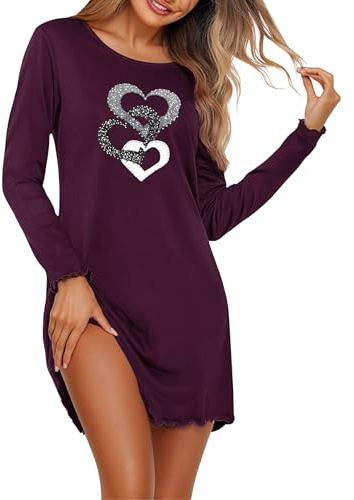 Demegimi Camisones Mujer Invierno Algodón Camisón Mujer Manga Larga Suave y Cálido con Estampado de Corazón S-XXL