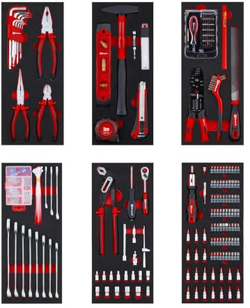 Einhell 299-tlg. Werkzeugeinlagen für Werkstattwagen | 6 Werkzeugpads | Präzisions- und Spezialbits | Zangen | Schrauben | Steckschlüssel | Wasserwaage | Hammer | Maßband